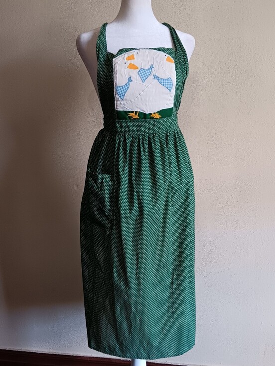 Vintage Accessories - Green Coquette Cottagecore Vintage Goose Kitchen Apron W/ Pocket, Farmhouse